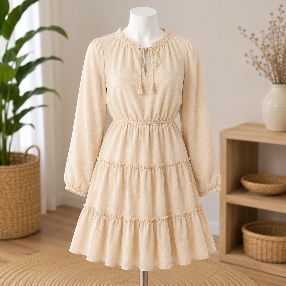 NWT Cupshe Mini Dress Womens XS Cream Swiss Dot‎ Tiered Ruffle Long Sleeve Boho